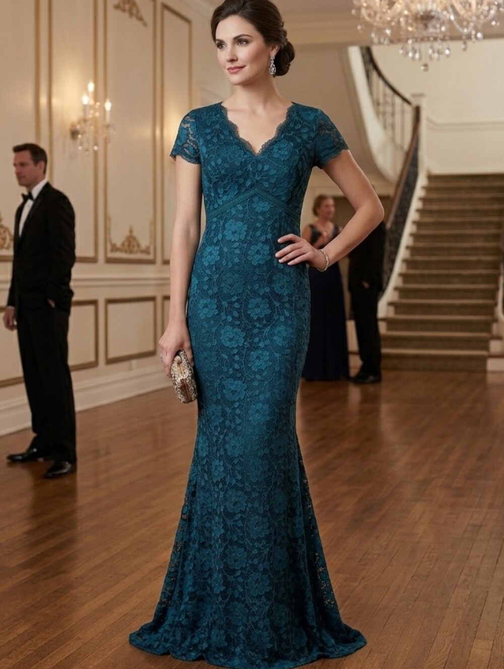 Ellen Tracy Teal Lace Mermaid Hem Floor Length Dress 6 NWT